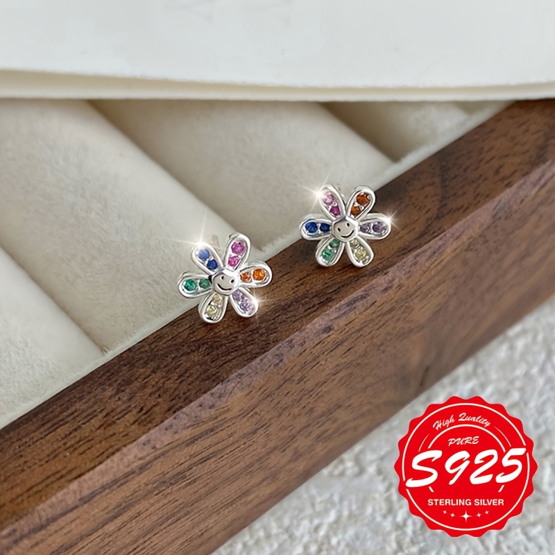Women's S925 Sterling Silver Colorful Flower Stud Earrings